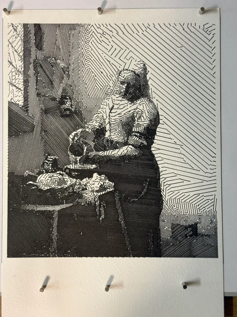 the real plot: the Milkmaid drawn in black pen on white paper
