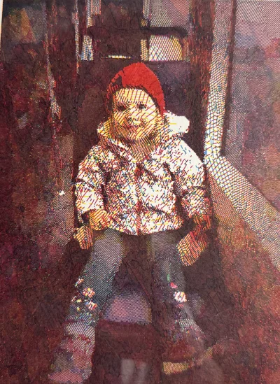 a child in a red hat on the metro, in warm hatched colour